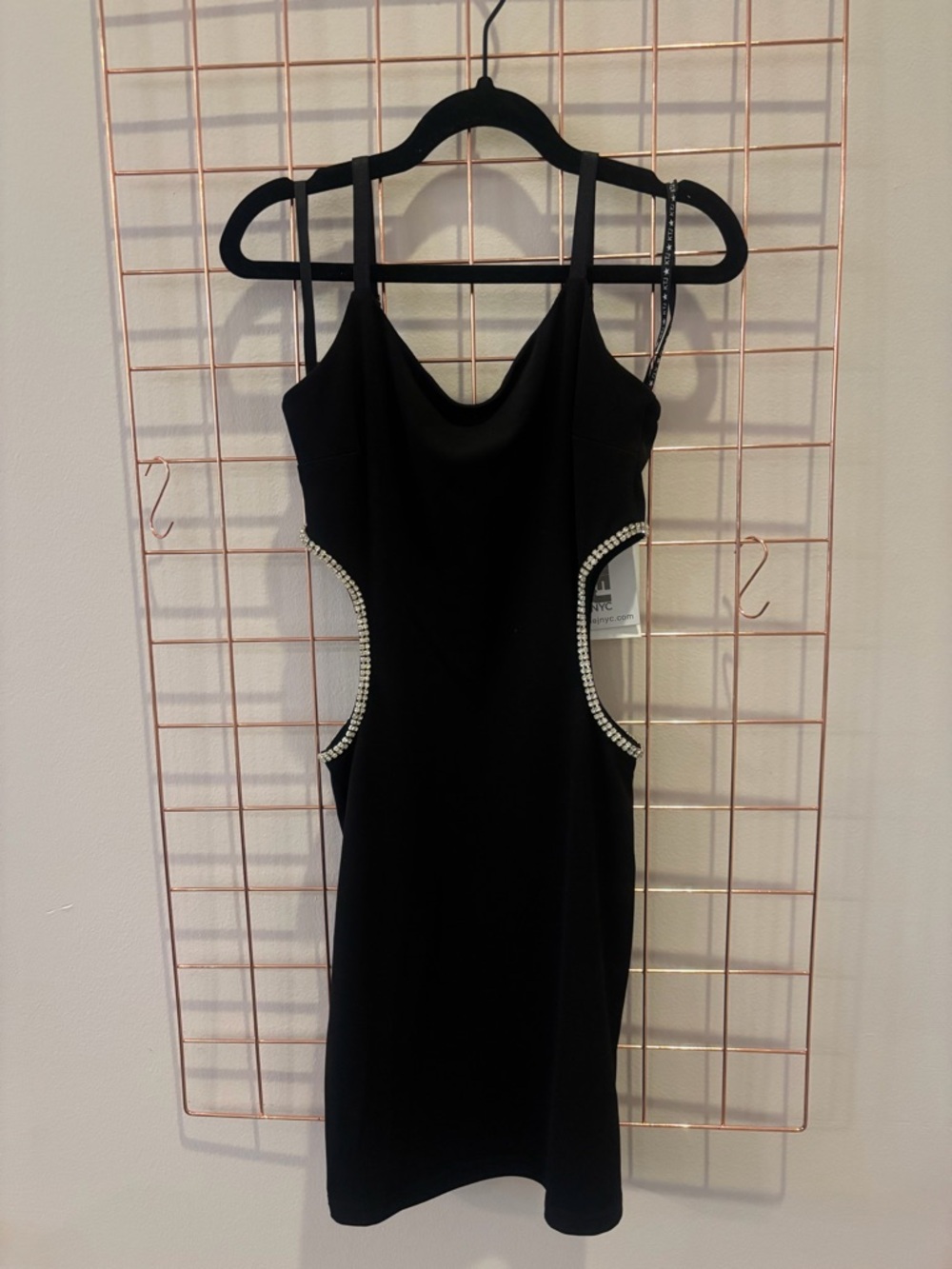 Katie J NYC Black Mini Dress with Rhinestone Cutouts